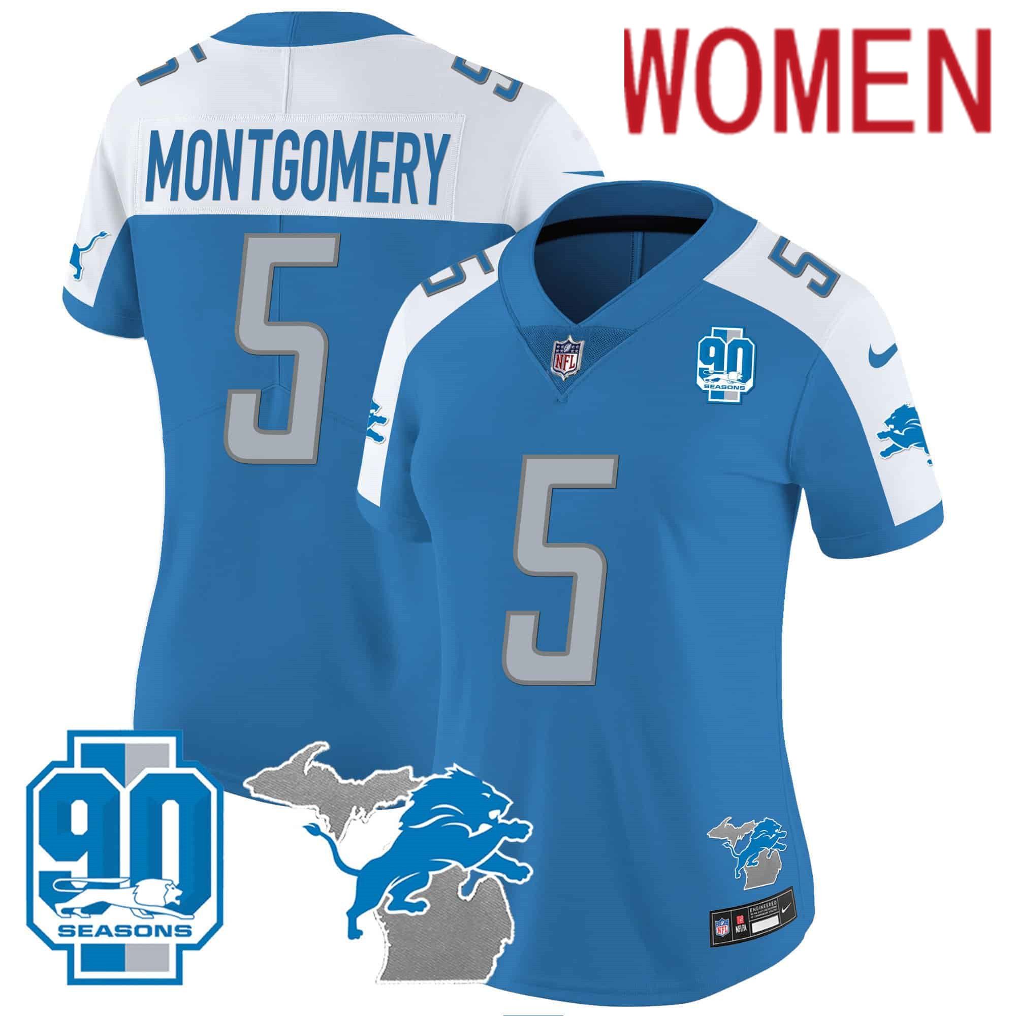 Women Detroit Lions #5 Montgomery Blue 2024 Nike 90th Year Michigan Patch Vapor NFL Jersey